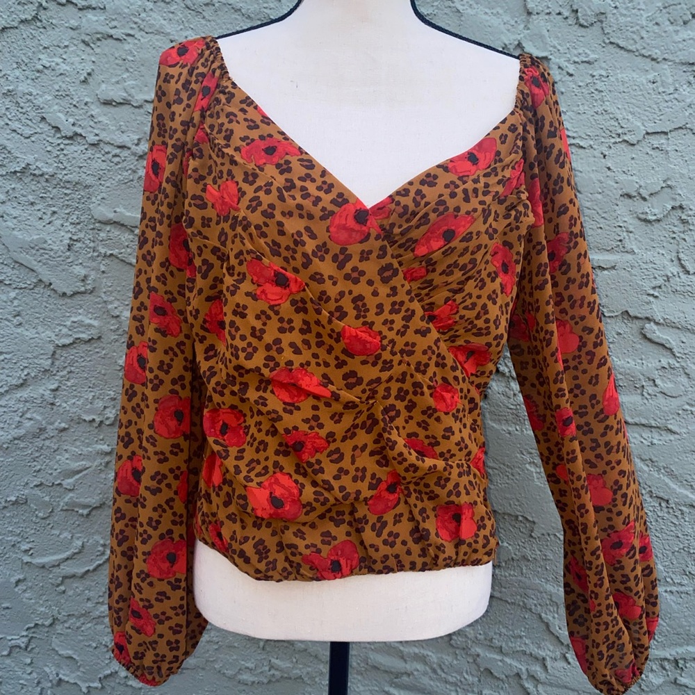 Astr Brown Floral Wrap Blouse with Red Poppies